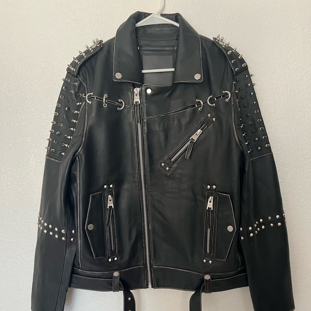 Boda Skins studded spike black leather jacket for Miracle Workers TBS Network